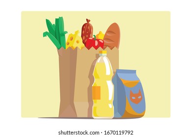 Papierpaket mit frischen Lebensmitteln Vektorillustration Illustration. Käse rote Pfefferbaguette Flasche mit Saft Wurst Zitrone und grünem Cartoon Design. Lebensmittelkonzept