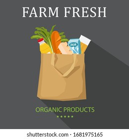 Paper package with fresh healthy produce. Organic products from the farm. Vegetables, bread, dairy products, vine, meat and eggs. Vector flat design illustration.
