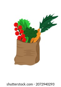 Paper package with fresh healthy produce. Organic products from the farm. Vegetables, salads. Vector illustration