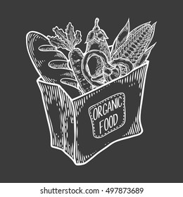 Paper package with fresh healthy produce. Organic products from the farm. Vegetables, bread, dairy products, corn, eggplant, tomato. Vector hand drawn design sketch illustration isolated on white