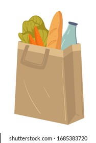 Paper package with fresh healthy products, supermarket food, isolated icon vector. Organic groceries in textile bag. Vegetables and bread, milk and baguette, carrot and salad leaves in eco handbag