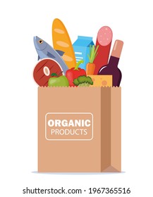 Paper package with fresh healthy products. Organic food from the farm. Vegetables, bread, dairy products, vine, meat, fish and fruits. Food delivery. Vector flat illustration