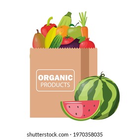 Paper package with fresh healthy products. Organic food from the farm. Vegetables and fruits. Food delivery. Vector flat illustration