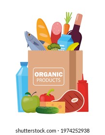 Paper package with fresh healthy products. Organic food from the farm. Vegetables, bread, dairy products, vine, meat, fish and fruits. Food delivery. Vector flat illustration