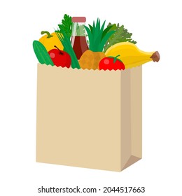 Paper package of fruits or vegetables, onion, banana. Vector illustration in cartoon style.