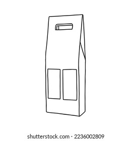 Paquete de papel con asa para dos botellas. Camiseta para llevar. Concepto de servicio de entrega. 