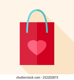 Paper package with heart. Flat stylized object with long shadow