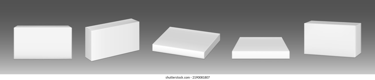 Paper package mockup, carton pill box front and angle view. Closed container of rectangular shape isolated on grey background. Blank pack mock up for product branding, Realistic 3d vector illustration