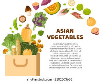 Paquete de papel con productos, verduras asiáticas exóticas e ingredientes. Menú, receta, banner para el mercado de los agricultores, supermercado. Comida exótica de Corea, Japón, China. Ilustraciones planas de dibujos animados.