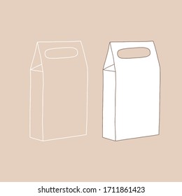 Paquete de papel para llevar aislado en segundo plano. La plantilla de empaquetado se burla. Concepto de servicio de entrega. Copiar espacio. Ilustración lineal, vectorial, realista, esquema.