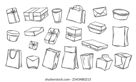 Paquetes de papel, bolsas y cajas de diferentes iconos de línea de forma. Bolsillo de contorno, bolso de mano con asas, paquete eco y taza. Entrega, mascota del regalo, Ilustración vectorial dibujada a mano del icono de las cajas de la tienda al por menor