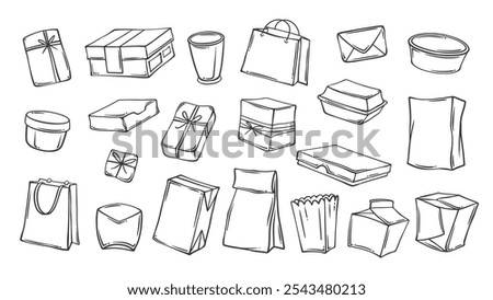 Paper packages, bags and boxes of different shape line icons set. Outline pocket, handbag with handles, eco pack and cup. Delivery, gift mascot, hand drawn retail store boxes icon vector illustration