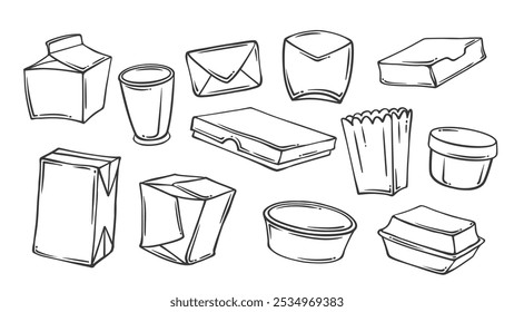 Paper packages and boxes of different shape line icons set. Outline grocery store, market and bakery packaging. Storage, fast food delivery mascot, hand drawn packages icon vector illustration