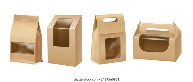 Paper packages with clear windows realistic vector illustration set. Takeout food products bags 3d objects on white background collection