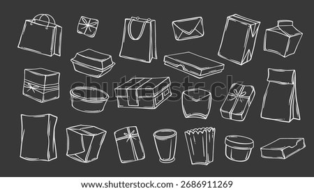 Paper packages line icons set on chalkboard. Outline present box, container for takeaway food, handbag. Product packaging mascot, various eco packages hand drawn icons with chalk vector illustration