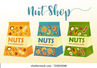 Paper packages with nuts and kernel seeds of hazelnut and nutmeg, walnut and almond. Product pack advertising for shop or store, agriculture market. Farming and branding theme