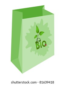 Paper packaging bag with a green emblem in the form of blotches and the leaves of the germ