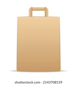 Paper packaging bag with handle. Care for nature, planet and environmentally friendly materials. Food delivery by courier, shopping and modern services. Cartoon isometric vector illustration