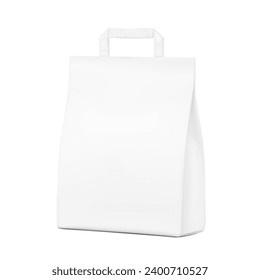 Paper packaging bag with handle mockup. Half side view. Vector illustration isolated on white background. Ready for use in presentation, promo, advertising and more. EPS10.