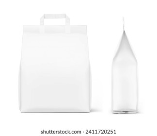 Paper packaging bag with handle mockup. Front and side view. Vector illustration isolated on white background. Ready for use in presentation, promo, advertising and more. EPS10.