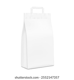 Paper packaging bag with handle mockup. Half side view. Vector illustration isolated on white background. Ready for use in presentation, promo, advertising and more. EPS10.