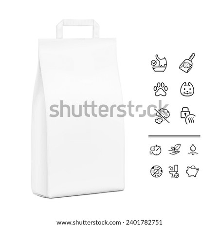 Paper packaging bag with handle mockup with set icons for cat litter. Half side view. Vector illustration isolated on white background. Ready for use in presentation, promo, advertising. EPS10.	