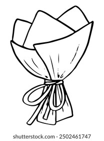 Paper packaging for a bouquet of flowers hand drawn doodle. Florist work. Vector outline line art illustration.