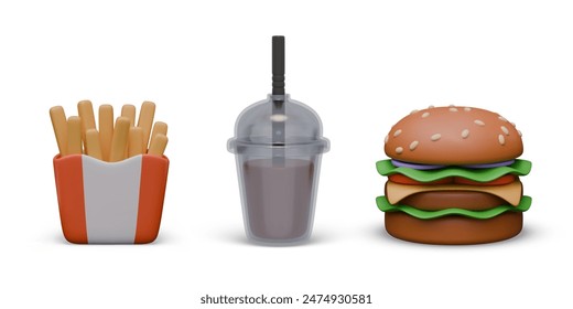 Paper packaging with French fries, plastic cup with drink and straw, big hamburger