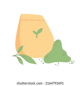 Paper packaging with green tea. Matcha package. Vector illustration. Natural matcha tea.