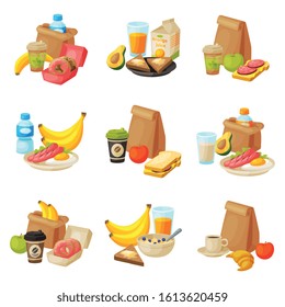 Paper Packaging with Healthy Breakfast Set, School Kids Lunch Bags Vector Illustration