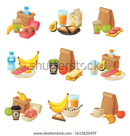 Paper Packaging with Healthy Breakfast Set, School Kids Lunch Bags Vector Illustration