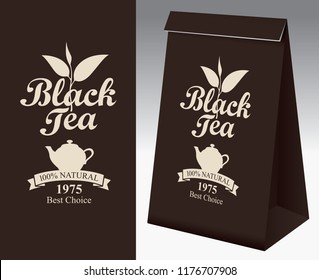 Paper packaging with a label for black tea. Vector label for black tea with a pattern twig tea and a kettle. Paper 3D package with this label.