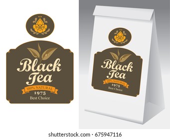 Paper packaging with label for black tea. Vector label for black tea with branch with leaves tea and paper 3d package with this label.
