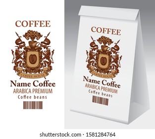 Paper packaging with label for coffee bean. Vector label for coffee with hand-drawn medieval coat of arms, barcode, text and paper 3d package with this label.