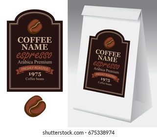 Paper packaging with label for coffee bean. Vector label for coffee in curly frame with coffee bean and inscription on black background and paper 3d package with this label.