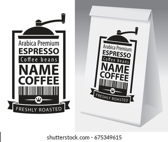 Paper packaging with label for coffee bean. Vector label for coffee with coffee grinder, bar code and text and paper 3d package with this label.