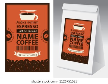 Paper packaging with label for coffee beans in retro style. Vector label for coffee with cup, bar code, coffee beans and paper 3d package with this label.