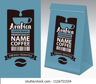 Paper packaging with label for coffee beans. Vector label for coffee with cup, bar code, coffee bean and inscription Arabica, and paper 3d package with this label.