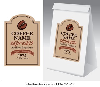 Paper packaging with label for coffee beans. Vector label for coffee in figured frame with coffee bean and inscription Espresso and paper 3d package with this label.