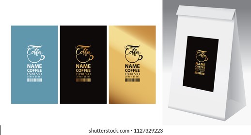 Paper packaging with label for coffee beans. Set of three vector labels for coffee with coffee cup and barcode, and paper 3d package with one of this labels.