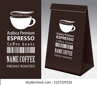 Paper packaging with label for coffee beans. Vector label for coffee with cup, bar code and text and paper 3d package with this label.