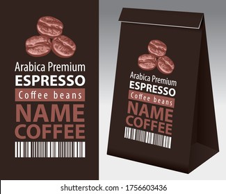 Paper packaging with a label for coffee beans. Vector coffee label with coffee beans, barcode, text and black paper 3d package with this label