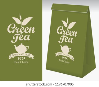 Paper packaging with a label for green tea. Vector label for green tea with a pattern twig tea and a kettle. Paper 3D package with this label.