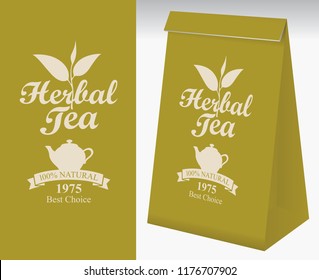 Paper packaging with a label for herbal tea. Vector label for herbal tea with a pattern twig tea and a kettle. Paper 3D package with this label.