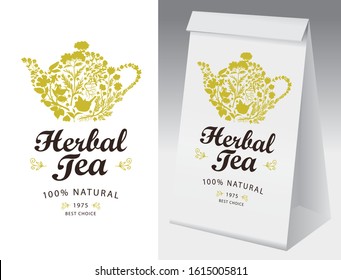 Paper packaging and label for herbal tea. Vector label for herbal tea with a teakettle consisting of various herbs. White paper 3D package with this label.