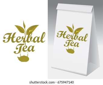 Paper packaging with label for herbal tea. Vector label for herbal tea with branch with leaves tea and paper 3d package with this label.
