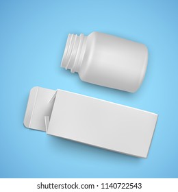 Paper packaging and plastic jar for medicines, white color, templates of packages for medicines, vector illustration