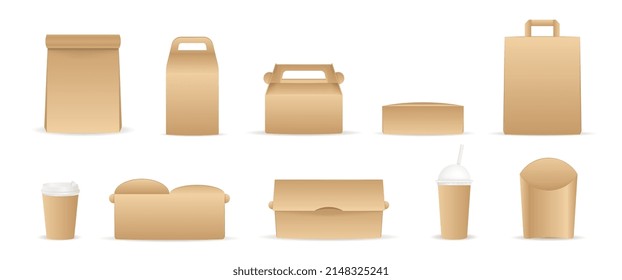 Paper packaging set. Collection of brown packaging for food and drinks. Fast food. restaurants and cafes, home delivery of products. Cartoon flat vector illustrations isolated on white background