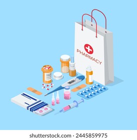 paper packet with medicine pills bottles liquids and capsules icon. pharmacy and drugstore concept Web banner landing page. 3d isometric design. Vector illustration in flat style