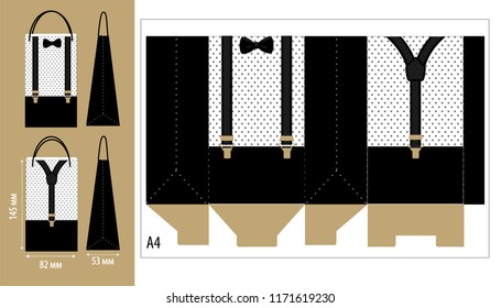 Paper packing box with suspenders and bow tie. Printable wrapping template for little man's birthday (father's day) party. Vector package favor gift.  Print, cut, fast folded. Black dots on white 